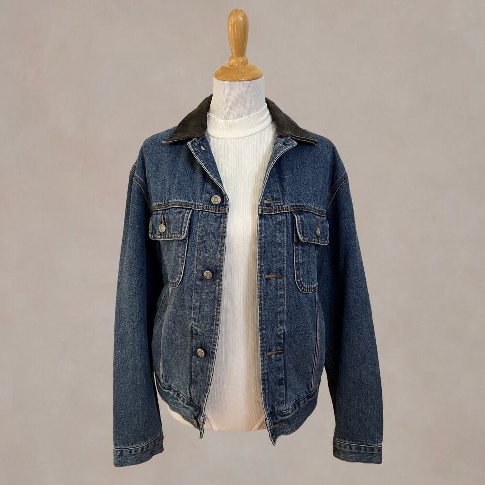 Vintage 90s Banana Republic Leather Collar Denim Jacket‎ Oversized Women’s L